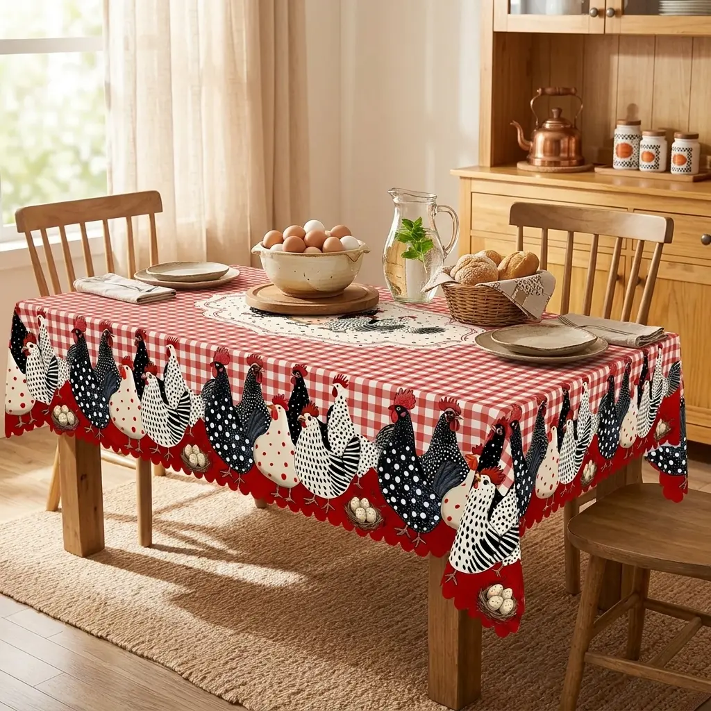 Fall Thanksgiving Farmhouse Rooster Chicken Print Tablecloth, Red Gingham Checkered Vintage Table Cover, Rustic Country Farm Animal Decor Table Cloth for Rectangular Round Dining Table, Autumn Holiday Kitchen Home Decoration