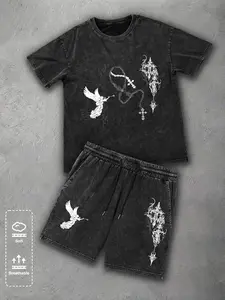 Vintage Acid Wash Angel Graphic Streetwear Set - Gothic Rosary & Cross Print Oversized Tee with Matching Shorts, Premium 100% Cotton Grunge Aesthetic Two-Piece Outfit for Men & Women