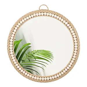 1pc Natural Jute & Wood Beaded Circular Mirror - Minimalist Boho Decor Must-Have Aesthetic Home Decor for Bedroom/Living Room
