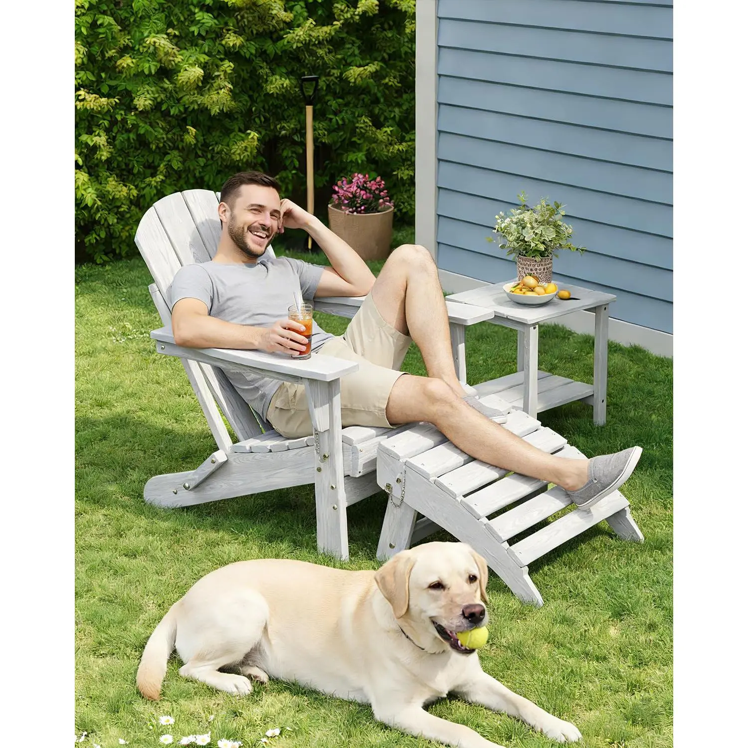 HDPE Folding Adirondack Chair & Ottoman Set, All-Weather Outdoor Patio Chair with Cup Holder, Collapsible Weather-Resistant Lawn Chair for Deck, Garden, Backyard– White