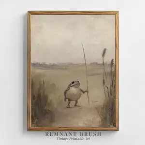 Whimsical Frog Traveler | Vintage  Cottagecore Animal Art Moody Nature Wall Decor Funny Art Print Artwork