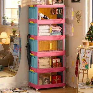 Large Capacity Foldable Plastic Organizer Cabinet - 124QT/156QT Modular Storage System, Magnetic Door, Wheels, 4/5-Tier Multi Layer Cabinet, 40"/50" Height, Stackable, Adjustable Compartments, Organizer Storage Boxes for Bedroom, Kitchen