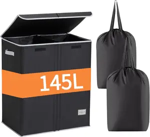 Dual Laundry Hamper with Lid and 2 Removable Liners, 145L Laundry Basket, 2 Sections for Easy Sorting, Collapsible, Dirty Clothes Hampers, Bedroom, Dorm, College, Black