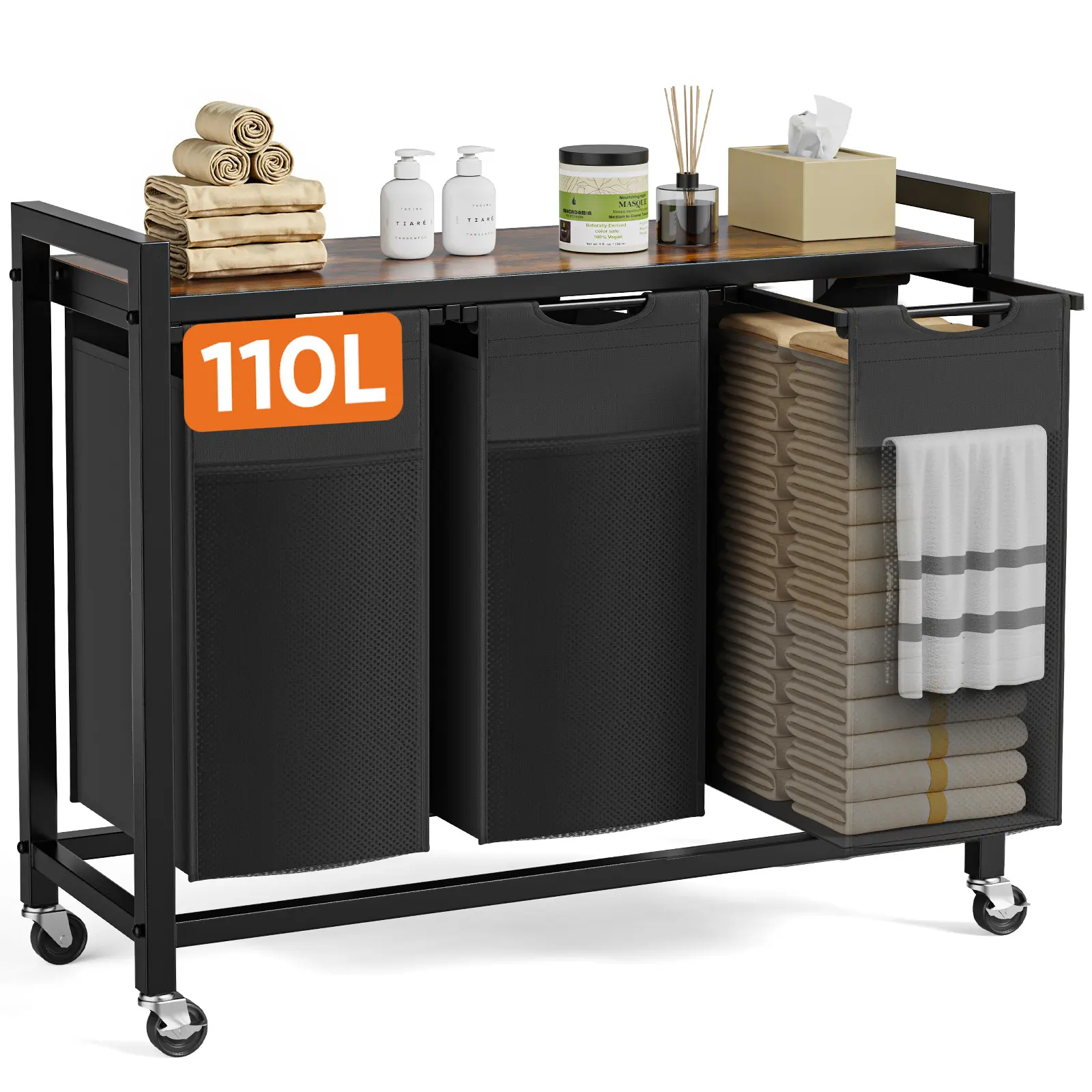 Laundry Hamper, Laundry Sorter with Shelf, Clothes Basket Organizer with 2 Pull-Out and Removable Bags, Movable Wheels for Laundry Room Bathroom Bedroom, Metal Frame, Black, Rolling Laundry Basket, Dirty Clothes Basket