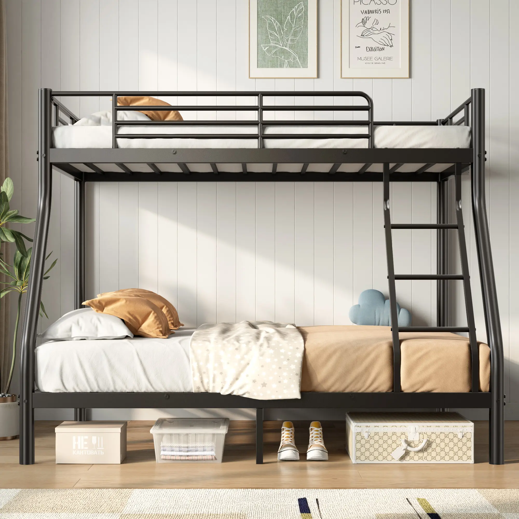 Full-Size Metal Loft Bed Frame - Heavy-Duty Traditional Design with Secure Safety Ladder, Guardrails, Space-Saving for Adult Bedrooms, Fits Double Beds, Requires Setup