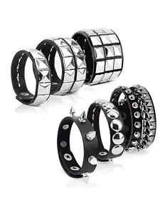 Unisex Rivet PU Leather Bracelets Set, Punk Gothic Trash Rock Style Accessories, Geometric Pattern, Alloy Material, All Seasons, Fashionable Bangle