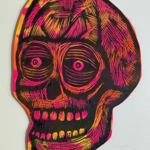 Skull Woodcut Printed on Painted and Shaped Wooden Panels Decor Decoration Wall Art