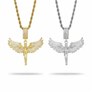 Full of Diamonds Angel Muse Spreads Wings Three-dimensional Feathers Fallen Angel Pendant | Hip Hop Trend Sweater Chain for Men and Women | Dainty Gold Initial Letter Necklace | Stylish Daily Wear Jewelry & Perfect Gift for Him