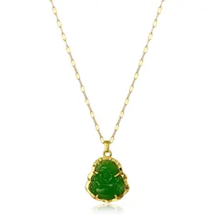 18k Gold Plated Laughing Buddha Pendant Necklace Green Jade Cubic Zirconia Gemstone Lucky Amulet Jewelry for Women Men