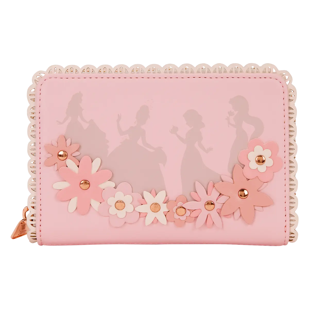 Disney Princess Silhouette Wallet, Stylish Faux Leather Everyday Carry with Floral Lace Cut-Out, 3D Flowers, 4 Card Slots & ID Window, Wallet Wristlet, Stylish Wallet