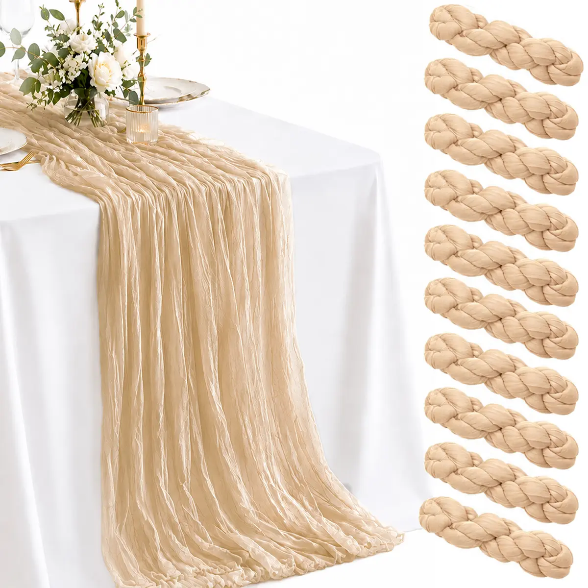 Decorative Beige Gauze Cheesecloth Table Runners (Set of 6/10) - 17*108 in, 9 FT Polyester Boho Rustic Farmhouse Chic, Anti-Shrink, Fade-Resistant, Hand Wash Only for Weddings/Birthdays, Anniversary Home Decor