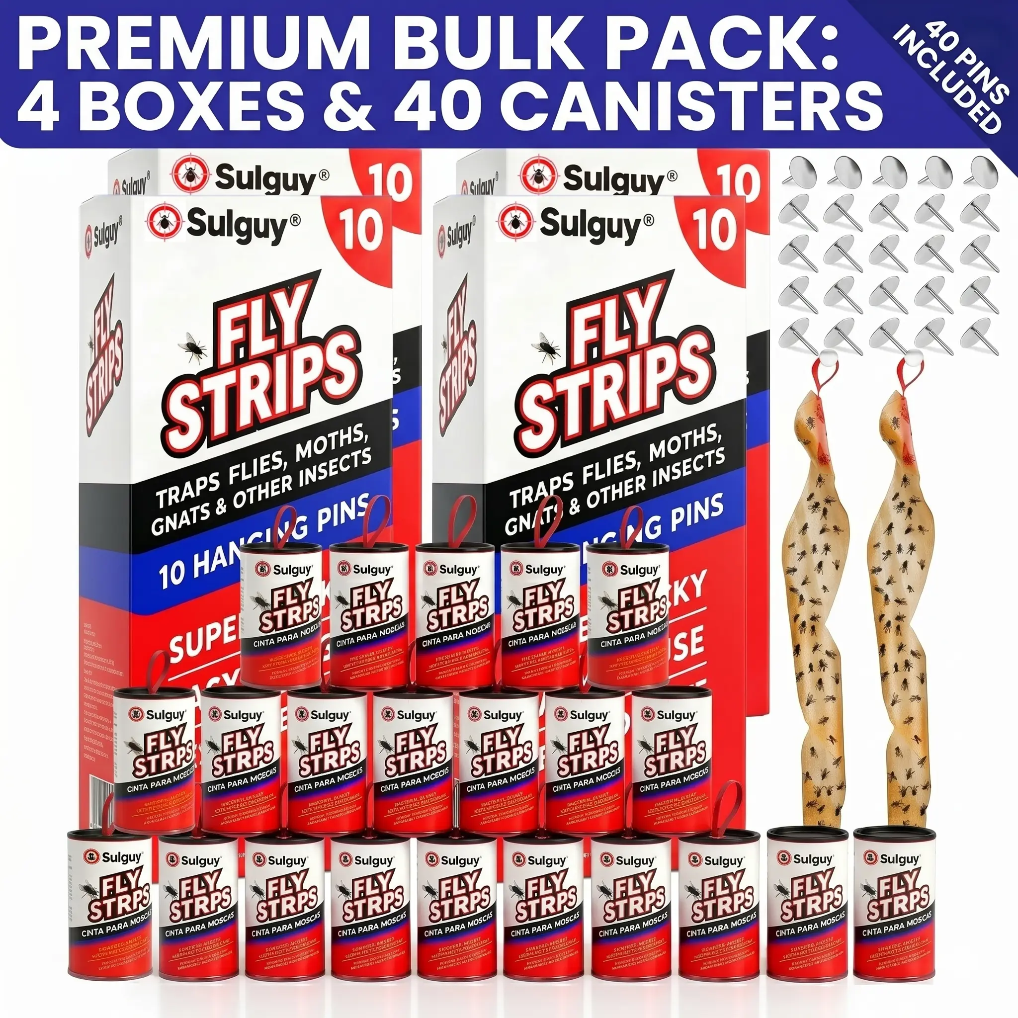 Sulguy Fly Strips Indoor Sticky Hanging 40pk with Pins. Non Toxic Outdoor Fly Trap Indoor for Home. Flies Tape Paper Trap Ribbon Roll for House Gnat Fruit and Housefly. Bug Catchers for Inside Home Flypaper