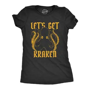 Womens Let's Get Kraken T Shirt Funny Mythical Octopus Novelty Graphic Tee Funny Womens T Shirts Cute Vintage Fashion Casual Ladies T-Shirt Gift Funny Animal Top Women's Novelty Tees Black