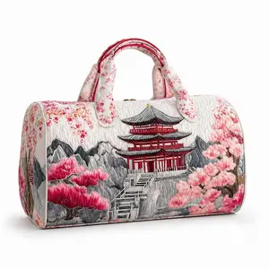 18"x9"x9" Limited Edition Cherry Blossom Chinese Temple Quilted Weekender Bag, Lightweight Carry On Overnight Travel Bag, Unisex Vintage Floral Print Duffel for Travel & Daily Use