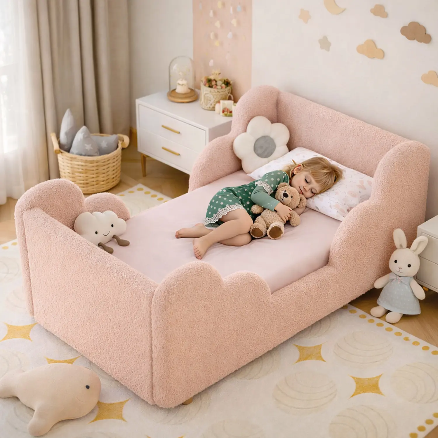 Toddler Bed, Toddler Floor Bed Frame with Rails & Headboard, Standard Crib Size Kids Beds for Ages 3-7 Years Girls and Boys, Montessori Floor Beds(No Mattress)
