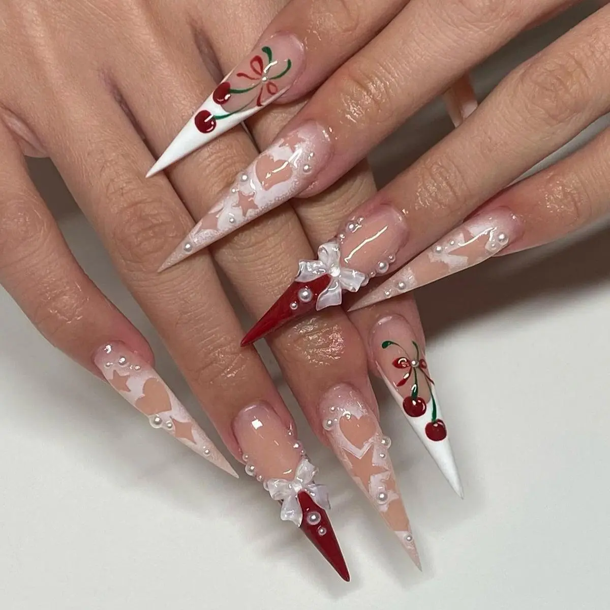 Cherry & Bowknot Decor Fake Nails with Tools, 24pcs/box Long Pointed False Nails for Women & Girls DIY Nail Art, Effortless Press on Nails Manicure Set, Nail Supplies