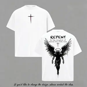 Repent Vintage  Oversized Christian T-Shirt, Angel Wings Faith Graphic Tee, "Kingdom of Heaven Has Come Near" Gospel Streetwear Top, Heavy Cotton Unisex Retro Worship Shirt-ZB