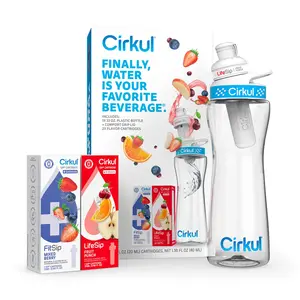 Cirkul Water Bottle + 2 Flavor Cartridge Starter Kit – 22 oz. BPA-Free Plastic Reusable Bottle & Blue Lid, LifeSip Fruit Punch w/B-Vitamins, FitSip Mixed Berry w/Electrolytes (Zero Calorie/No Sugar)