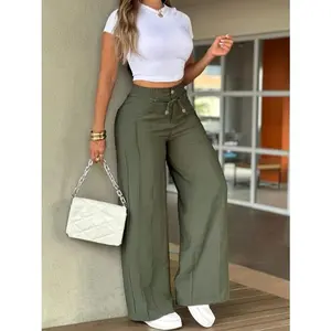 100% polyester women’s high-waisted wide-leg trousers with front mid-seam, drawstring and gold button; drapey straight-leg casual pants for summer, wrinkle-resistant and no ironing needed, black wide-leg trousers; high-waist elastic waistband, front mid-s