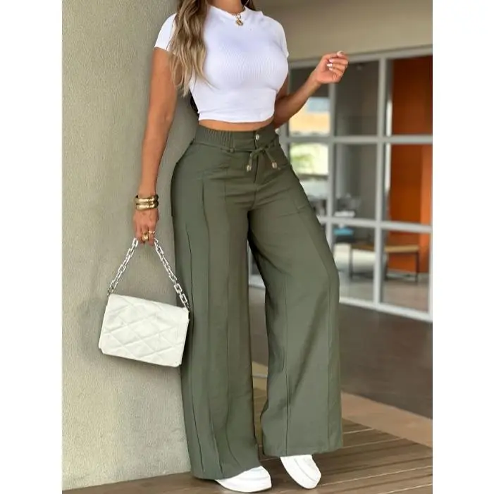 100% polyester women’s high-waisted wide-leg trousers with front mid-seam, drawstring and gold button; drapey straight-leg casual pants for summer, wrinkle-resistant and no ironing needed, black wide-leg trousers; high-waist elastic waistband, front mid-s