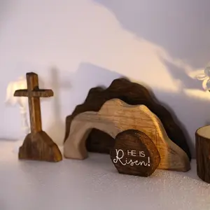 Empty Tomb Easter Scene and Cross Decoration Wooden Jesus Nativity Christ Statue Christian Easter Tray Decor for Home Office Tabletop