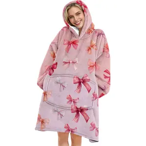 hoodie blanket, Wearable Blanket, Hooded Blanket Wearable Throw, Bow Print Hooded Blanket, Soft Warm Flannel Blanket, Soft Comfy Blanket, Sofa Cover, Home Leisure, Air Conditioning, Camping Travel Gift, Christmas Gift, Bowknot Design Blanket