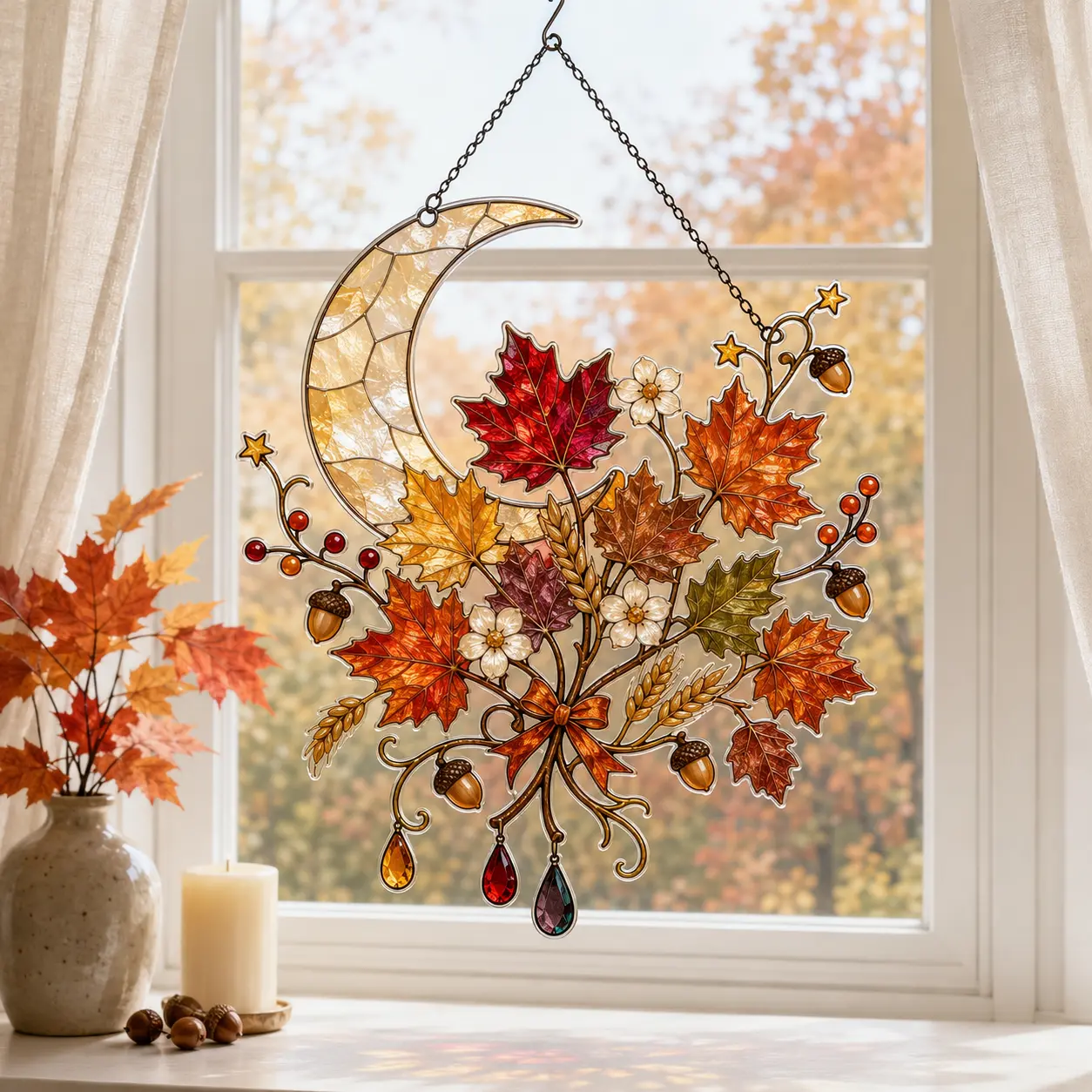 Acrylic Autumn Maple Leaf Suncatcher - Lightweight Transparent Faux Stained Glass Artwork with Crescent Moon, Multi-Size Hangable Window Decorations with Hook, Fall Harvest Home & Garden Decoration Gift
