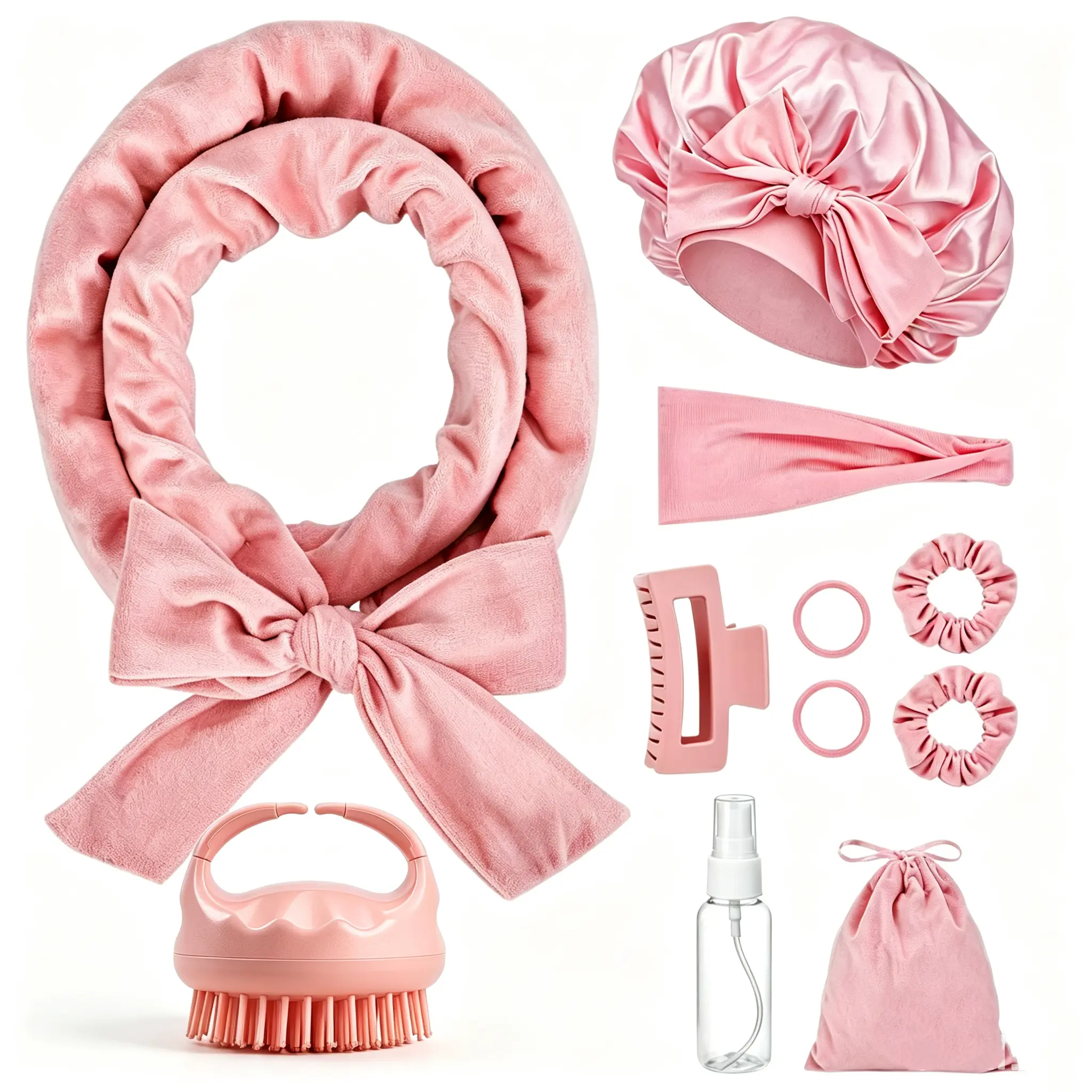 Heatless Curls Styling Kit with 65-Inch Velvet Curling Rod & Satin Bonnet, Damage-Free Overnight Hair Styler for Long Hair, Includes Silicone Scalp Scrubber, Heatless Curl