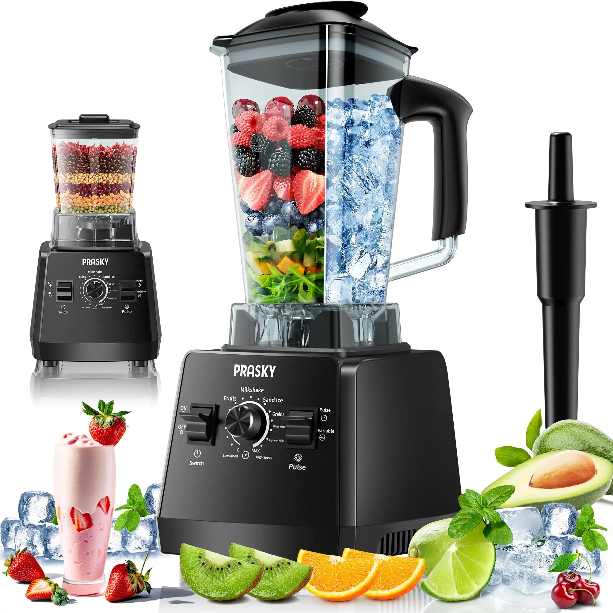 Prasky 2L/68oz Blender, 2cup, Smoothies Blenders, Max.2400Watts/1000Watts Blender and Grinder Combo 25000RPM Powerful Kitchen Blender  BPA Free 2 Containers Countertop Blenders Ice Crushing, Juice prasky professional blender summerwins