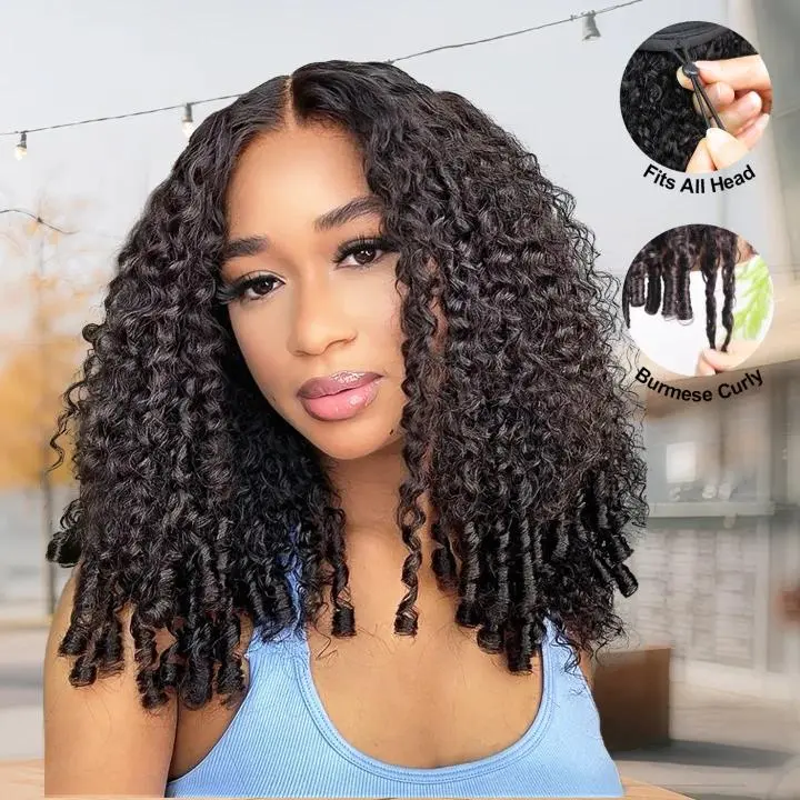 Simidola Burmese Curly Half Wig - Glueless Human Hair Wig with Drawstring Cap, Invisible Hairline, 180% Density, Natural Black Bouncy Curls, Beginner-Friendly Summer Use, Curly Hair