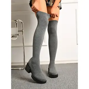 Women's Elastic Sock Boots, New Knitted over Knee High Heeled Booties, Casual Stretchy Round Toe Design for Fall & Winter(gift)Gift