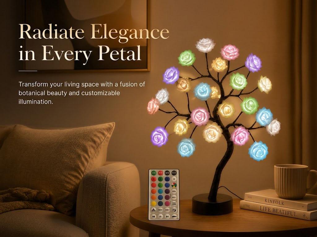 RGB LED Rose Flower Tree Lamp - Remote Control, Upgraded Chip, Timer, USB/Battery Powered, Dimmable, RGB Night Light, Indoor Table Lamp, Camping Lantern, Romantic Gift for Her, Housewarming Decor, Indoor Use, Aesthetic Table Lamp