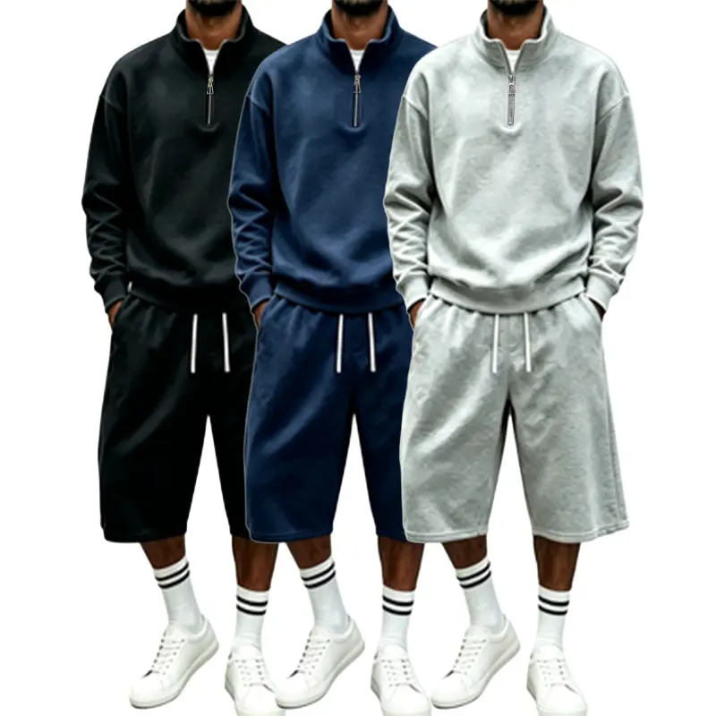 Men’s casual two-piece set — half-zip stand collar sweatshirt + wide-leg shorts, regular athletic set with elastic waistband and drawstring design