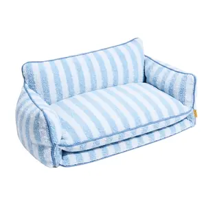 Luxury Light Blue Striped Sofa Dog Bed - Stylish & Comfy Pet Bed with Fashionable Design and Durable Construction for Cozy Retreat
