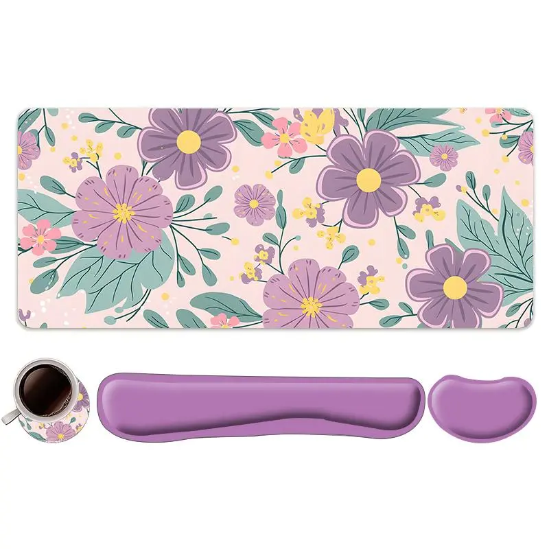 Floral Pattern Mouse Pad & Keyboard Wrist Rest & Coaster Set, Ergonomic Wrist Support Mouse Pad, Office Accessories Set for Home Office Gaming, Gaming Mouse Pads, Desktop Accessory, Cute Mouse Pad