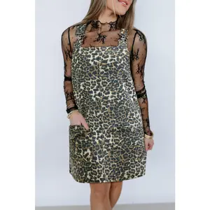 Gray Leopard Print Pocketed Loose Fit Denim Overall Dress