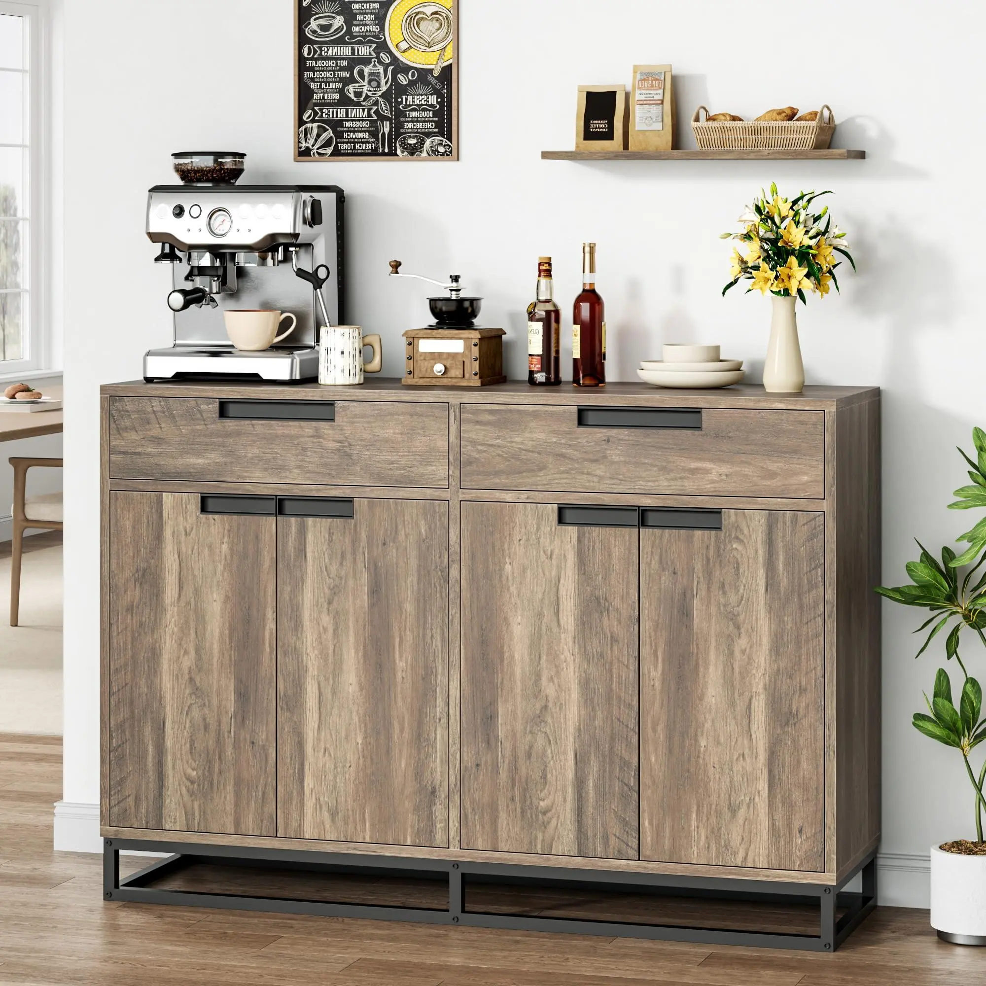 Gaomon 55-Inch Brown Wood Finish Modern Farmhouse Kitchen Buffet Cabinet - Console Table with 2 Drawers, 4 Doors, Adjustable Hinges, Metal Base, Natural Grain, Easy Setup for Dining Room, Coffee Bar