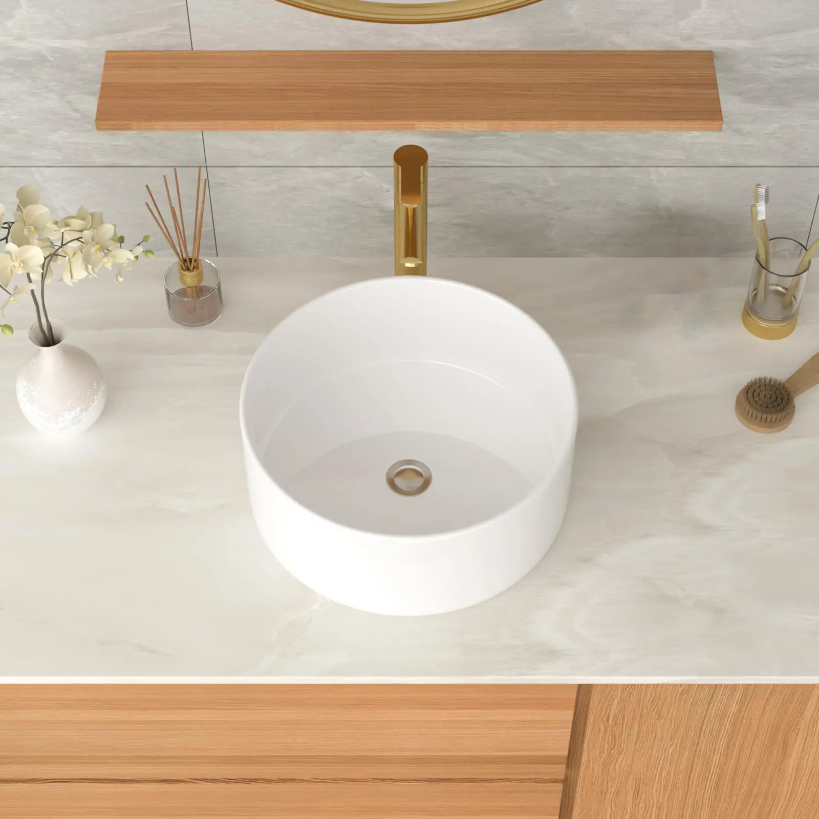 Countertop Bathroom Sink, Round White Ceramic Countertop Basin, Modern Bathroom Vanity Sink, Easy-To-Clean Sink.