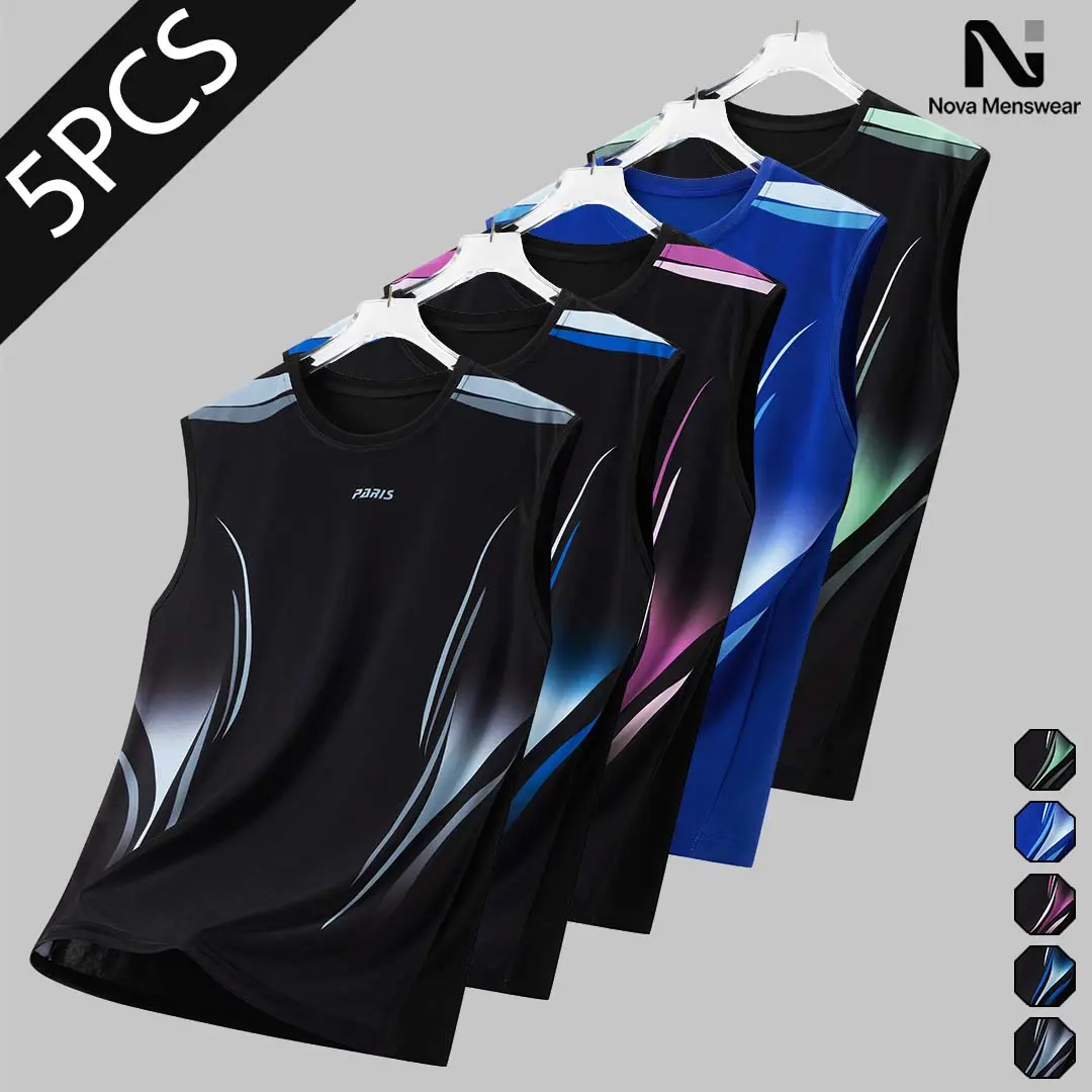 Men's Trendy 5-Pack Graphic Tank Tops - Sleeveless Crew Neck, Gradient Print, Lightweight Sports Activewear Vests for Gym & Beach, Sports Activewear Vest, Sleeveless Yoga, Tennis Tank, Sportswear Tank Top, Athletic Wear