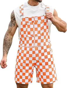 Odefou Checkered Bib Overalls for Men and Women Stretchy Denim Adjustable Straps Jumpsuit Shorts Work Coveralls Football Game Outfits Fashion Menswear Womenswear