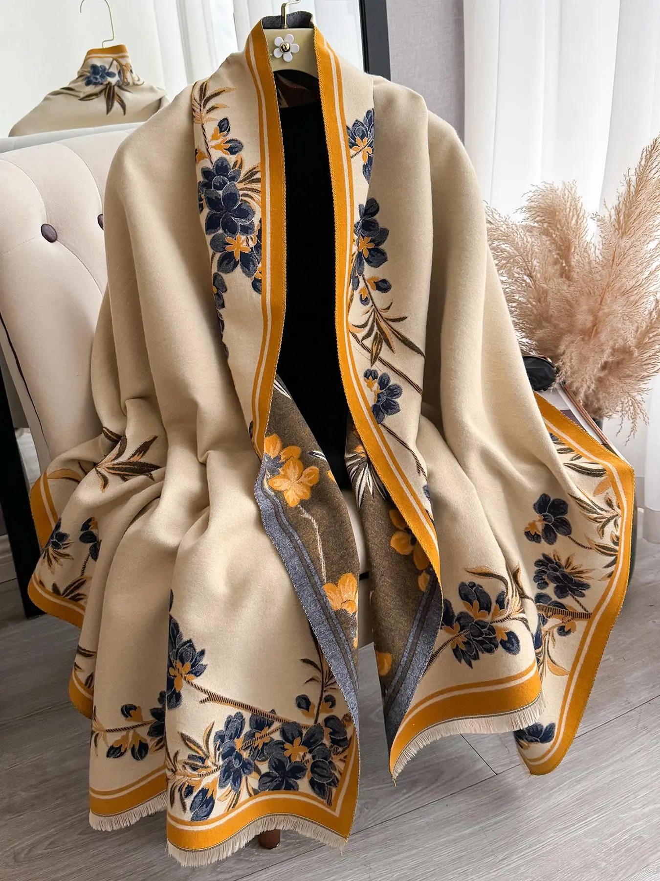 Floral Print Double Sided Thick Shawl, Boho Style Warm Scarf for Women & Men, Fashion Accessories for Daily Wear, Floral Pattern Shawl, Boho Shawl Wrap