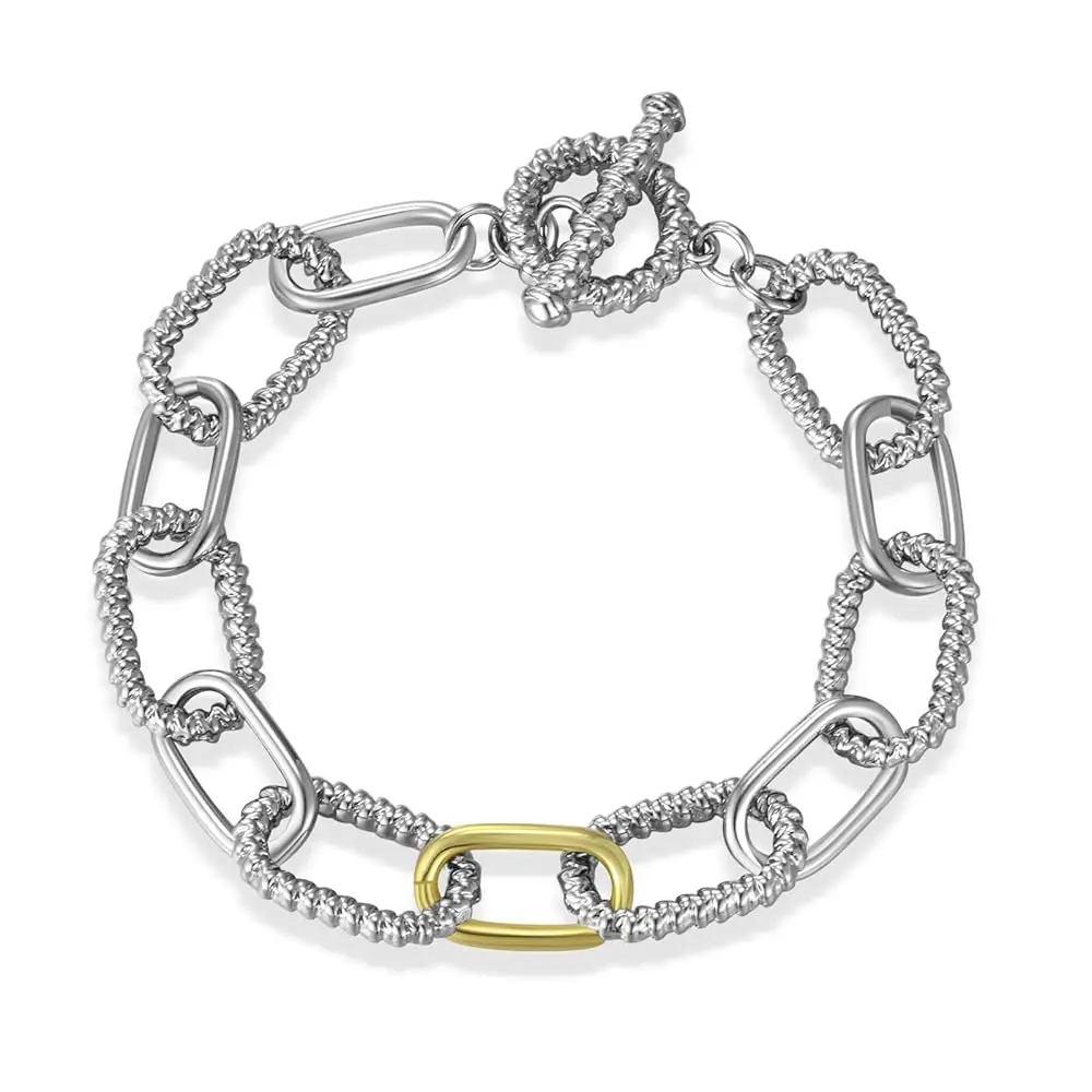 Aprilery Statement Link Chain Bracelet – Modern Mixed Metal Jewelry with Textured & Smooth Oval Links, Bold Toggle Closure