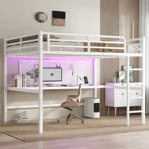 Queen Loft Bed Frame with Desk, Metal Loft Bed with LED Lighted and Power Outlet, Queen Size Loft Beds with Desk, Noise Reduced Structure,White Led Bunk Bed Bedroom Bedframe