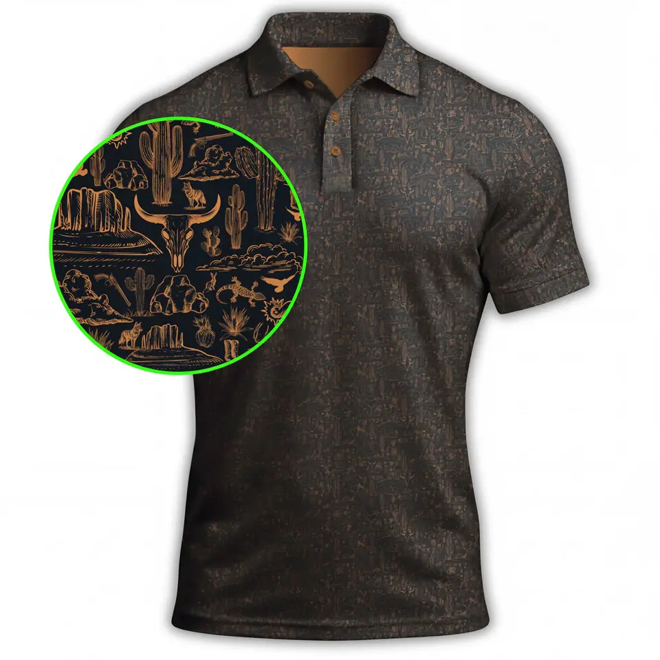 Black and Copper Desert Polo Golf Shirt For Men Outdoor Short Sleeve Top