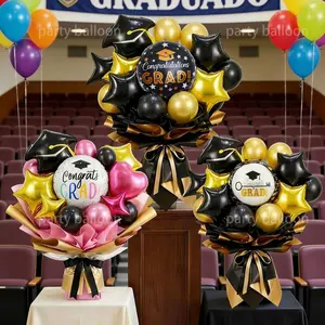 16-Piece Gold Graduation Balloon Bouquet, Congrats Grad Photo Decoration Set, Includes Hat, Star, Print Balloons, Ideal for Grad Parties