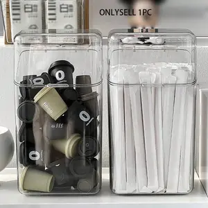 Dustproof Acrylic Straw Storage Box, Disposable Cutlery Holder with Lid, Capsule Coffee Milk Tea Organizer, Kitchen Utensil Container, Multifunctional Storage Bin