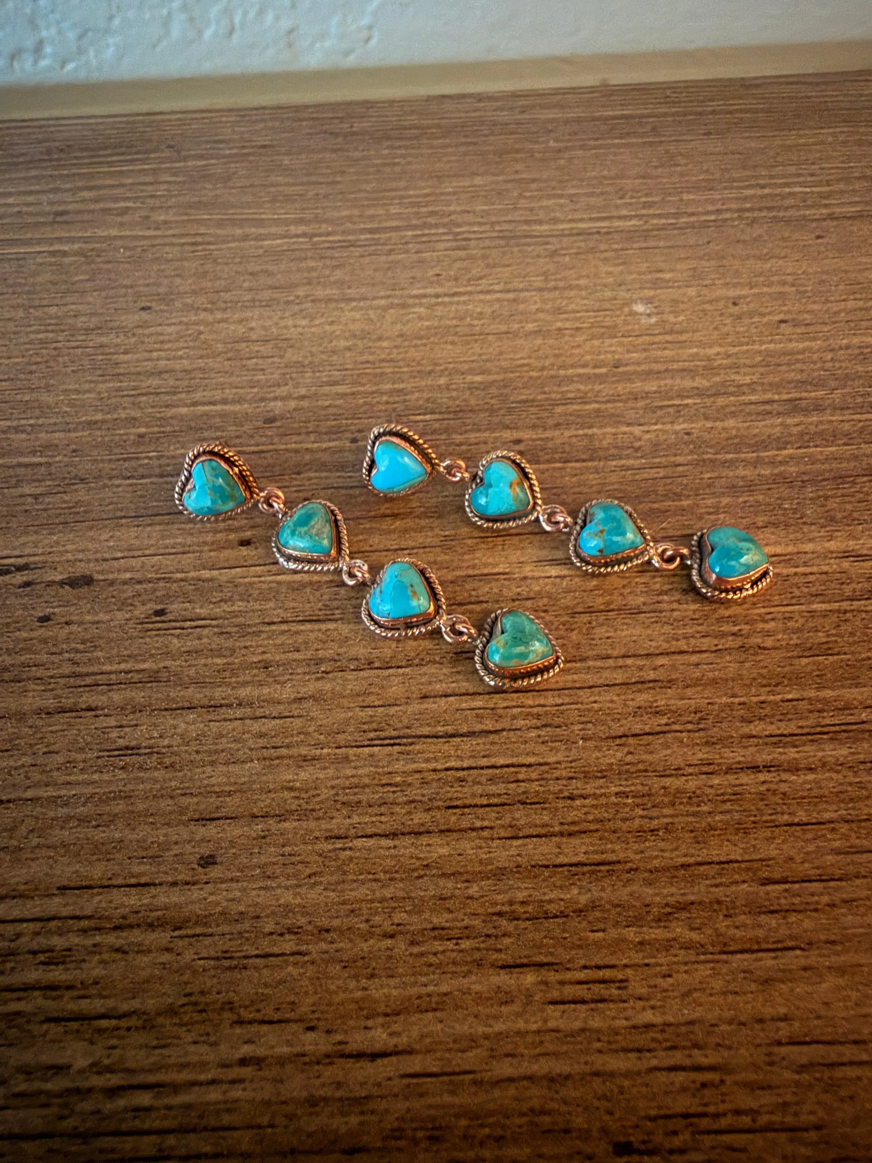 Copper and Kingman Turquoise Post Heart Dangle Earrings
