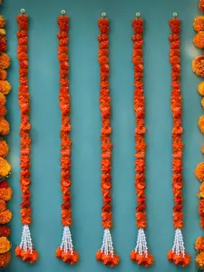 Beautiful 52-Inch-Long Artificial Marigold Flower Lari with Tassels Set of 5 for Indian Festival, Indian Wedding, Mehendi, Sangeet, Pooja or Diwali Décor