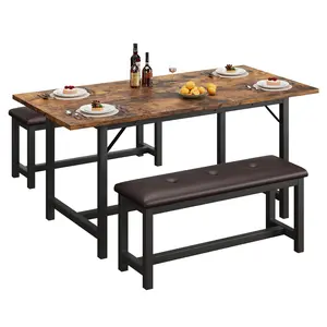 3-Piece Extendable Wooden Dining Set – Stretchable Table with 2 Upholstered Benches, Dining Table Set for 4-6, Space-Saving Retro Farmhouse Set for Small Kitchen/Apartment