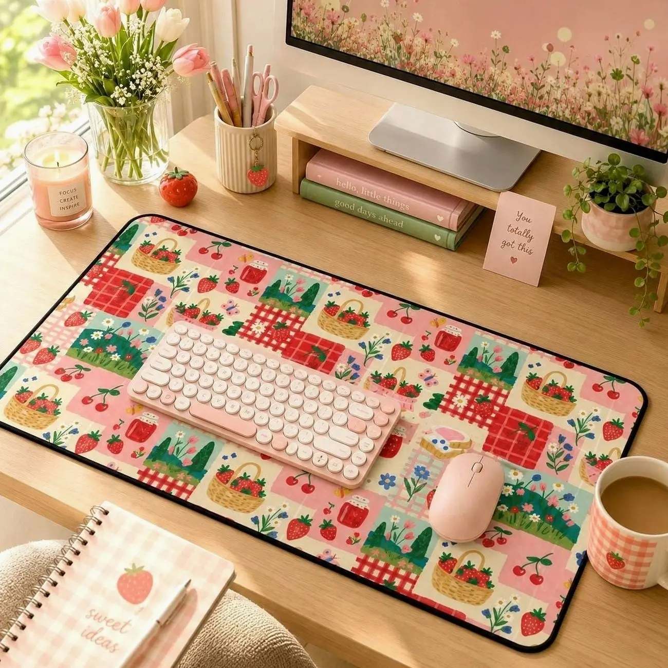 Strawberry Desk Mat Office Decor Cute Work From Home Gaming Pad Fruit Jam Farmer's Market Gift for Mom Teen Girl Berry Lover Gift